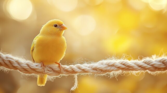 Bright yellow finch resting on rope amidst glowing autumn bokeh