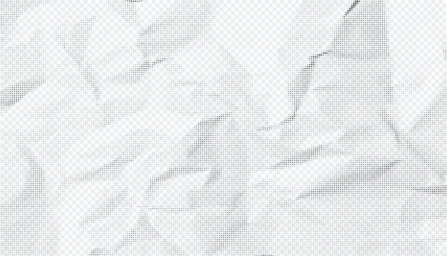 Halftone crumpled paper texture with black a dotted, rough, and wrinkled surface. Wite creased sheet background in comic pop-art style, featuring grainy folds and gritty distressed details.