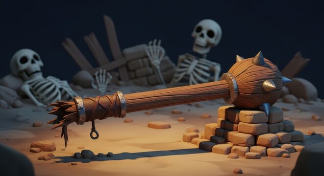 Fantasy weapon, a spiked wooden mace resting on ancient ruins, with skeletons scattered in the background
