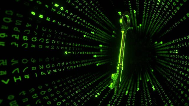 企業のサイバー攻撃対策と情報保護を表現するデジタルキーCGアニメーション