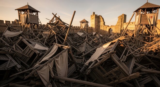 Medieval castle ruins after siege, with wooden siege towers and collapsed structures in foreground at sunset