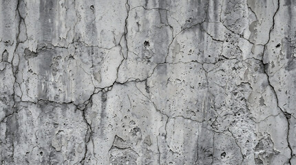 Fototapeta premium Weathered gray concrete wall with deep structural cracks.