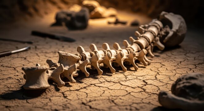 Fossilized animal skeleton spine and skull discovered on dry cracked earth, archaeological dig site