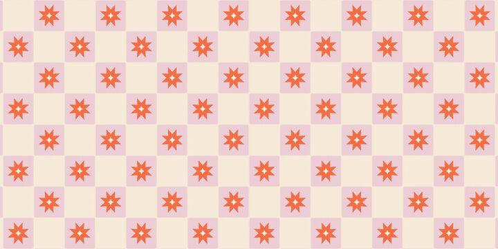 Retro checkered pattern with red floral starburst motifs on pink and cream squares