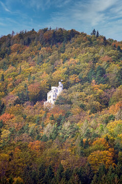 Vertical View Of Medieval Castle Grimmenstein In Autumn Forest Austria