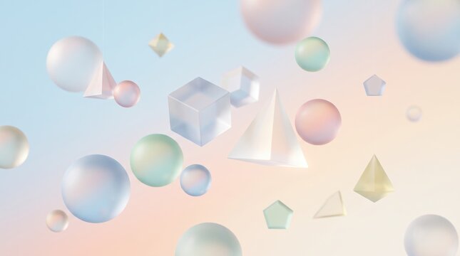 Abstract pastel 3D geometric shapes including spheres cubes and pyramids floating in soft gradient background, minimal design elements for creative projects and artistic concepts