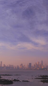 Mumbai, India. Evening City Skyline From Marine Drive Time Lapse, Timelapse, Time-lapse. Skyscrapers And Saifee Hospital In Sunset Time. Back Bay Coast Of Mumbai City. Blue Magenta Sky