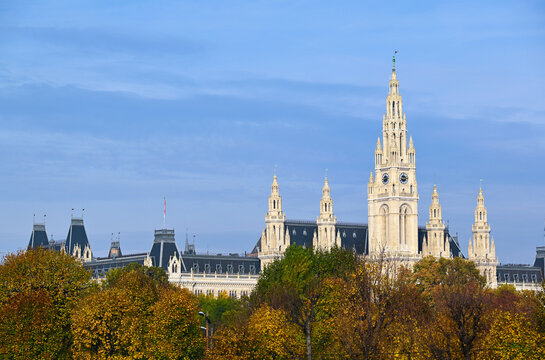 Vienna City Hall Neo Gothic Architecture In Autumn Park Landscape