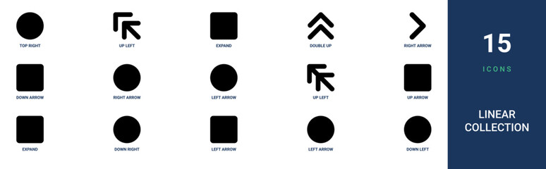 Set of 15 outline web Linear Collection icons such as down left, left arrow, left arrow, down right arrow, expand, up up vector icons for report, presentation, diagram, web design, mobile app © Emilia