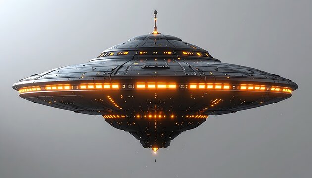 Detailed 3d rendering of a futuristic flying saucer with glowing orange lights, alien spacecraft concept