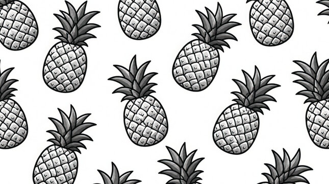 Minimalist black and white seamless pattern featuring stylized pineapples on a white background