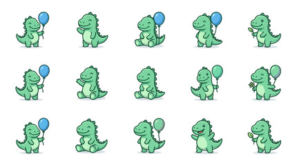 Cute green dinosaur characters holding blue balloons. © Yudi