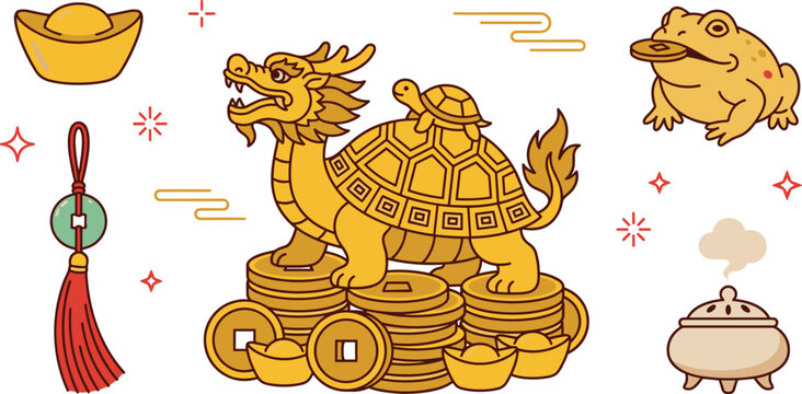 Traditional Chinese feng shui wealth charms vector set featuring golden dragon turtle money frog sycee ingot coins tassel and incense burner isolated on white background