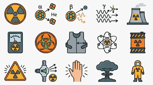 Industrial Radiation Safety and Nuclear Symbols Illustrated with Colorful Icons and Diagrams with high quality professional line art symbols for modern creative design and digital branding projects