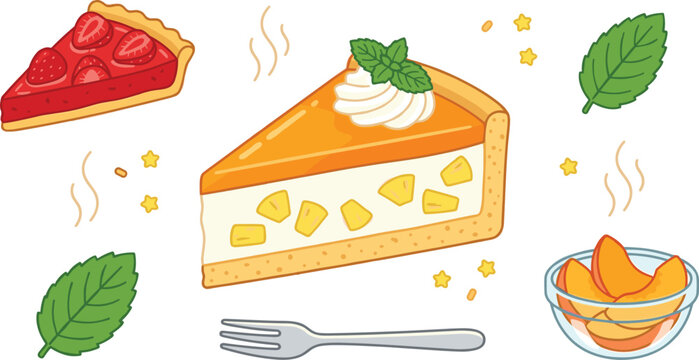 Delicious fruit tart and cheesecake slice vector set featuring peach cream pie strawberry cake fresh mint leaves and dessert fork isolated on white background