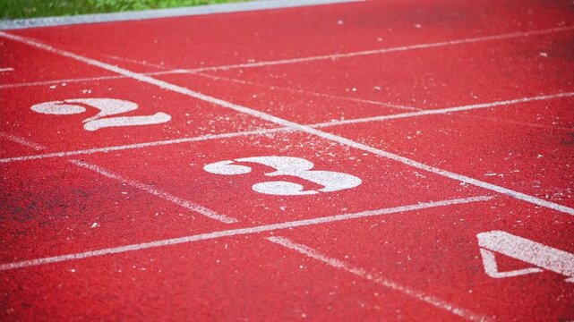 Close low-angle view of marked sprint lanes on a red running track inside an empty stadium. Clear white lines and numbered starting positions represent athletics competitions, sports events, training.