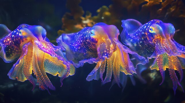 Vibrant cuttlefish trio displaying luminescent colors underwater