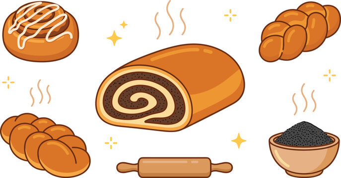Traditional sweet bakery vector set featuring poppy seed roll cinnamon bun braided challah bread dough rolling pin and seeds isolated on white background