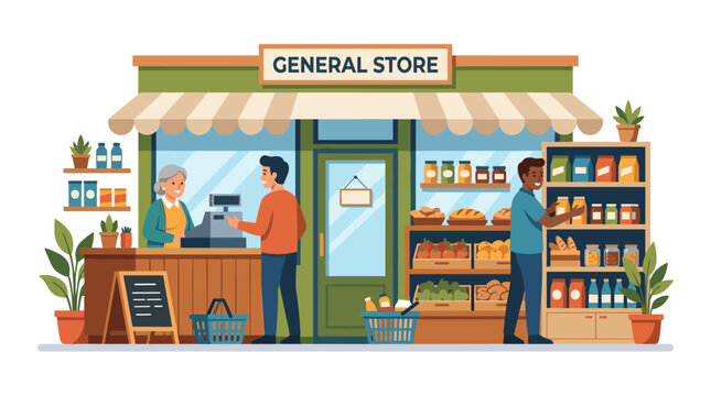 Flat vector illustration of a general store interior and exterior featuring a cashier at the counter, customers shopping for groceries, fresh produce on shelves, and storefront signage.