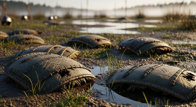Group of ancient horseshoe crabs partially submerged in shallow water and mud on a marshy shoreline at sunrise, detailed texture