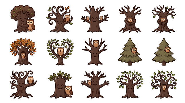 Cute whimsical forest trees with owl residents.