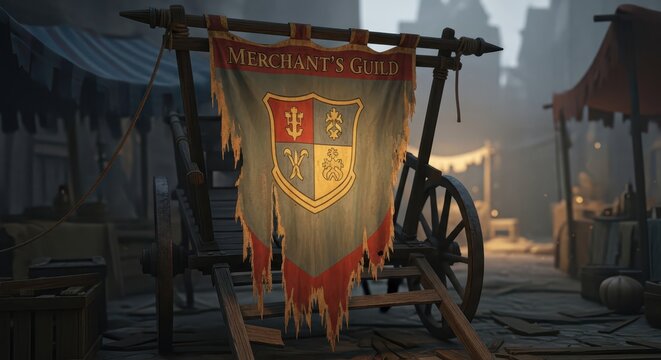 Medieval Merchant's Guild Banner on Cart in Ancient City Marketplace