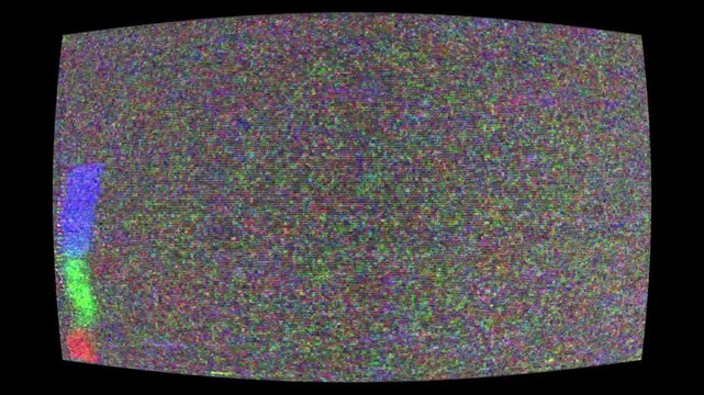 Retro CRT television displays multicolored analog static with fine noise, scan lines, and signal interference, creating an authentic vintage broadcast glitch effect