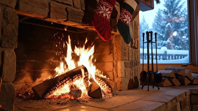 beautiful cozy indoor holiday scene featuring a bright roaring fire inside a traditional rustic stone fireplace with red and green stockings hanging while viewing pine trees outside the window