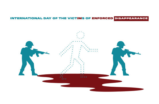 International Day of the Victims of Enforced Disappearance Concept Vector Graphic with Dotted Vanishing Human Silhouette and Armed Soldiers