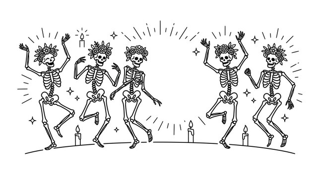 A group of five dancing skeletons with floral crowns in a festive line art illustration.