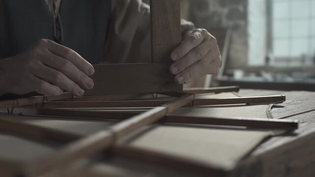 Hands of a medieval master checking the scale of an ornithopter wing frame using a wooden angle ruler inside a dimly lit workshop