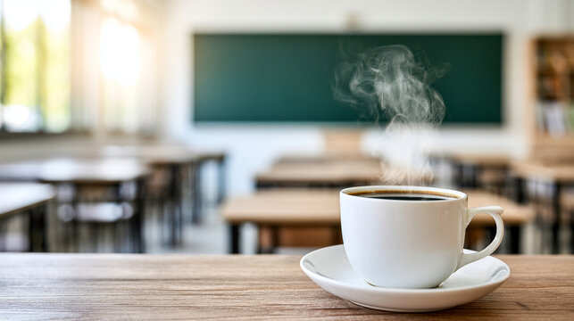 Steaming hot cup of dark coffee on wooden desk in empty classroom

