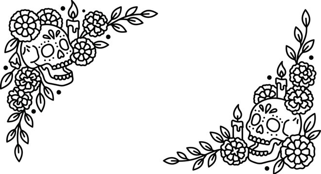Two sugar skulls with marigold flowers and candles in a decorative corner frame.