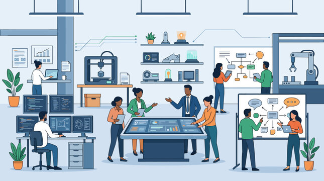 Flat vector illustration of diverse professionals collaborating in a modern tech innovation hub with 3D printing, robotics, coding stations, and interactive data displays.