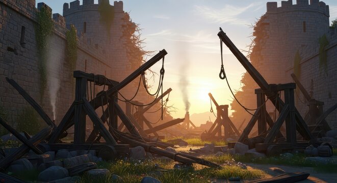 Medieval siege weapons and castle ruins at sunrise, ancient battle preparation, historical warfare scene