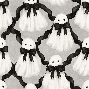 Cute ghost pattern with black bow tie and ribbon on gray background, charming Halloween design