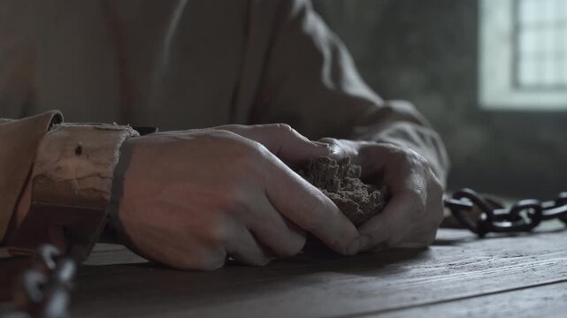 Close up of medieval prisoner hands in rusty chains snapping a small piece of dark bread on a rustic table inside a gloomy dungeon cell