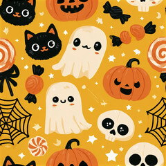 Fototapeta premium Kawaii spooky sweets seamless pattern with cute ghosts, pumpkins, and black cats