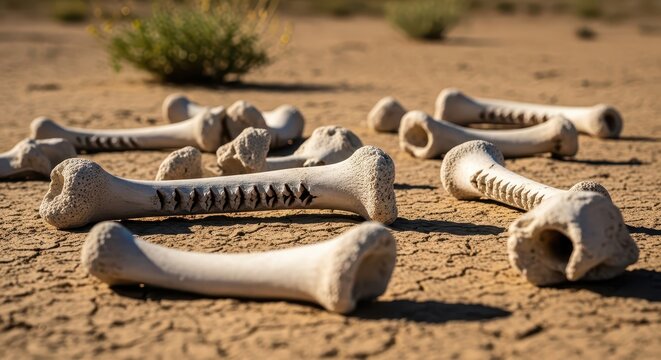 Scattered animal bones lying on dry cracked desert earth with sparse vegetation in the background
