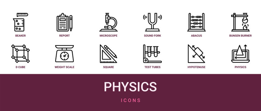 Set of 12 outline web Physics icons such as physics, hypotenuse, test tubes, square, weight scale, d cube, bunsen burner vector icons for report, presentation, diagram, web design, mobile app