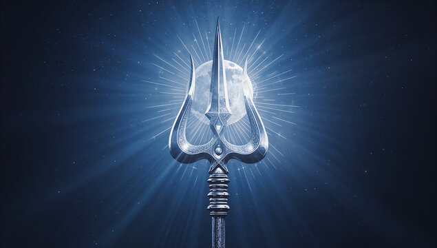 Shining trishula trident symbol against moon and night sky with trishula hinduism mythology religion spiritual artifact radiance tradition weaponry celestial strength blessing protection