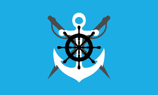 Nautical Emblem with Anchor and Ship Steering Wheel on a Blue Background with Crossed Whale Toons