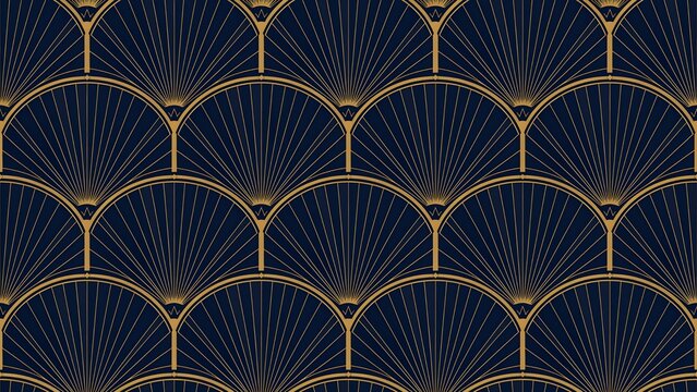 Seamless repeating Art Deco fan pattern with elegant metallic gold geometric lines over a deep navy background, symmetrical luxury design, glamorous 1920s inspiration, refined decorative rhythm