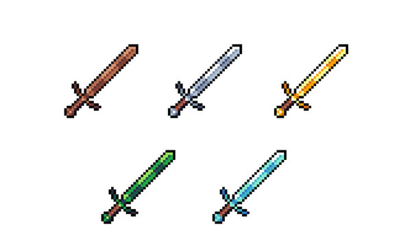 Pixel art sword weapon tier set. Retro 8-bit knight combat blade sprites for 2D UI.