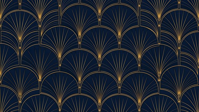 Seamless repeating Art Deco fan pattern with elegant metallic gold geometric lines over a deep navy background, symmetrical luxury design, glamorous 1920s inspiration, refined decorative rhythm