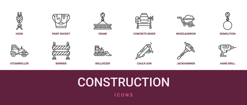 Set of 12 outline web Construction icons such as hand drill, jackhammer, caulk gun, bulldozer, barrier, steamroller, demolition vector icons for report, presentation, diagram, web design, mobile app