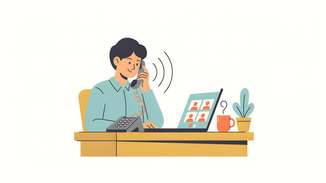 Professional office worker taking phone call at desk, businessman multitasking with laptop video conference, remote work and customer support concept