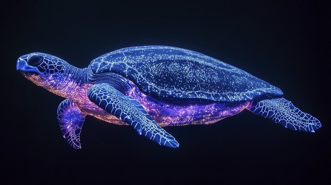 Glowing neon sea turtle in dark ocean