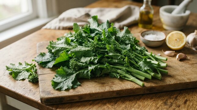Fresh green broccoli rabe stalks resting on a rustic wooden cutting board prepared for cooking healthy meals in a bright kitchen with natural sunlight streaming inside