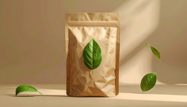 Eco-friendly kraft paper pouch with green leaf design, standing on a neutral background with soft shadows and falling leaves, natural product packaging